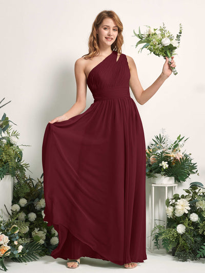 Carlyna A-Linien-Kleid Bodenlang One-Shoulder Chiffon Brautjungfernkleid Burgunderrot #farbe_burgunderrot