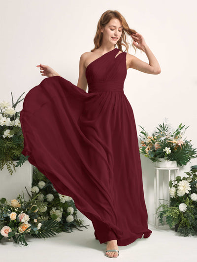 Carlyna A-Linien-Kleid Bodenlang One-Shoulder Chiffon Brautjungfernkleid Burgunderrot #farbe_burgunderrot