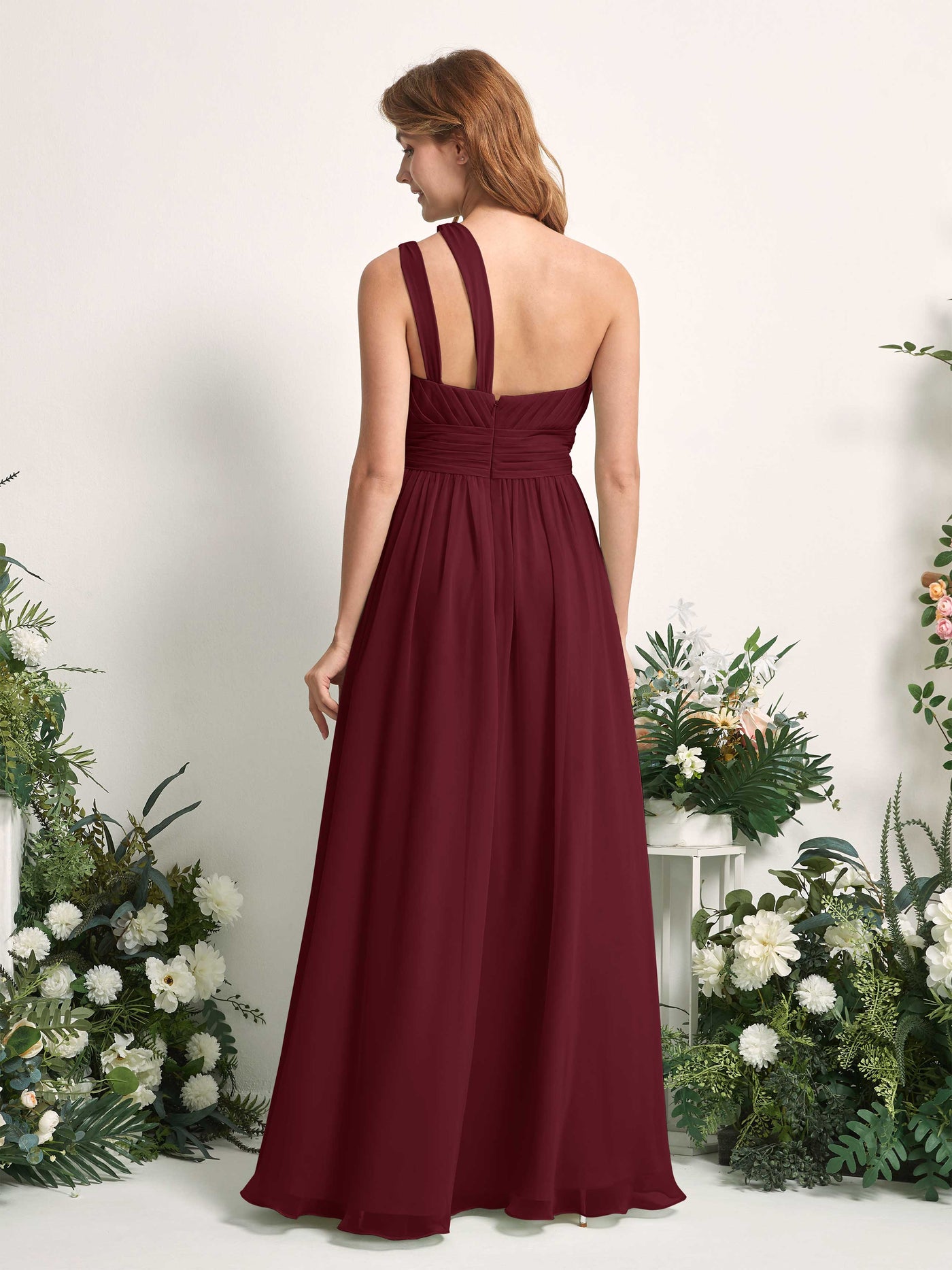 Carlyna A-Linien-Kleid Bodenlang One-Shoulder Chiffon Brautjungfernkleid Burgunderrot #farbe_burgunderrot