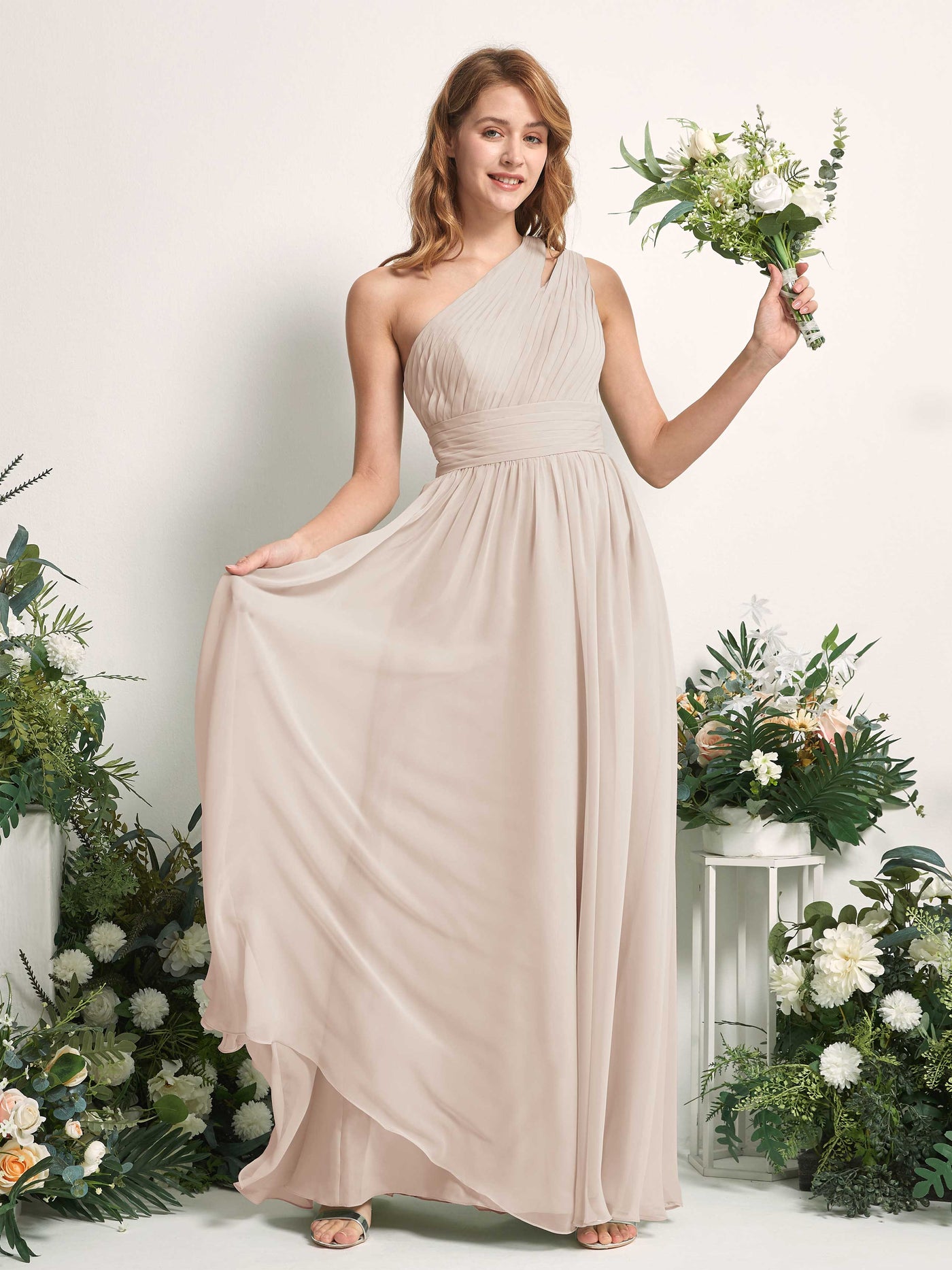 Carlyna A-Linien-Kleid Bodenlang One-Shoulder Chiffon Brautjungfernkleid Champagner #farbe_champagner