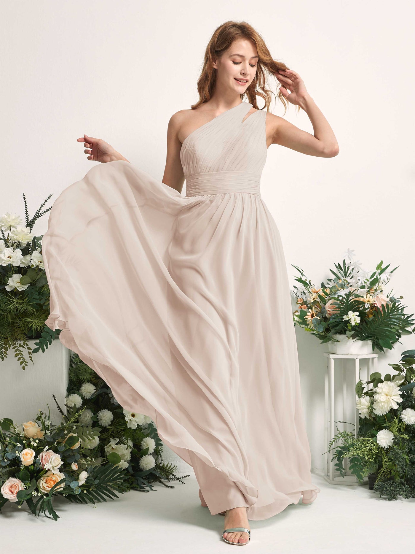 Carlyna A-Linien-Kleid Bodenlang One-Shoulder Chiffon Brautjungfernkleid Champagner #farbe_champagner