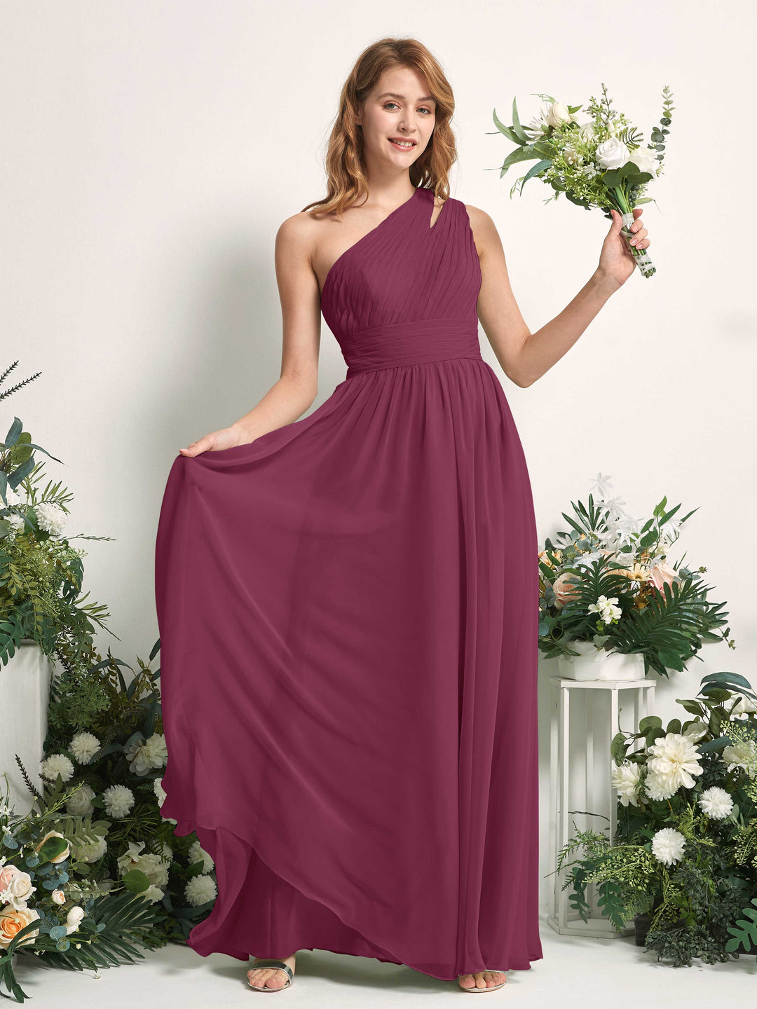 Carlyna A-Linien-Kleid Bodenlang One-Shoulder Chiffon Brautjungfernkleid Chianti 