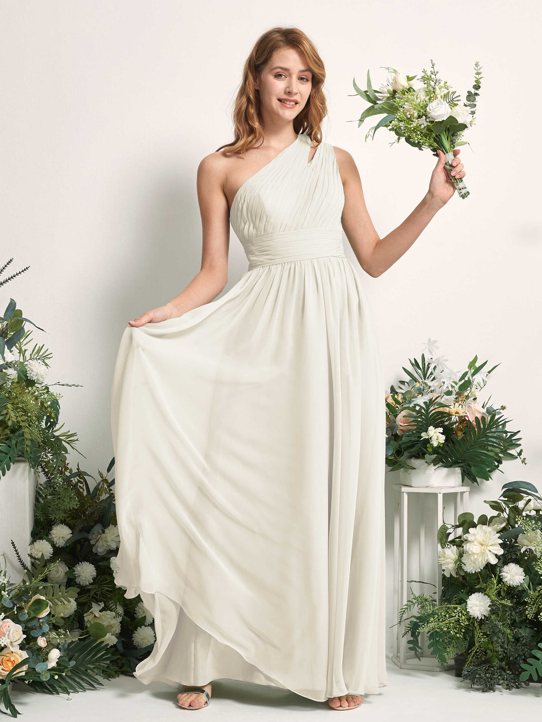 Carlyna A-Linien-Kleid Bodenlang One-Shoulder Chiffon Brautjungfernkleid Elfenbein 
