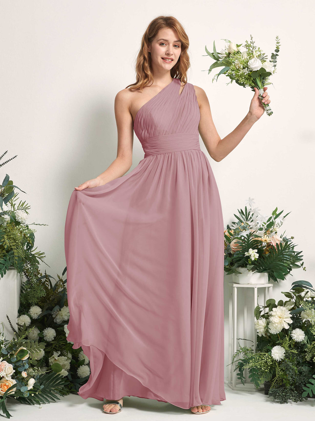 Carlyna A-Linien-Kleid Bodenlang One-Shoulder Chiffon Brautjungfernkleid Klassisch Mauve 