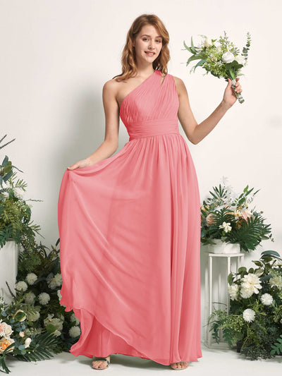 Carlyna A-Linien-Kleid Bodenlang One-Shoulder Chiffon Brautjungfernkleid Korallenrosa #farbe_korallenrosa
