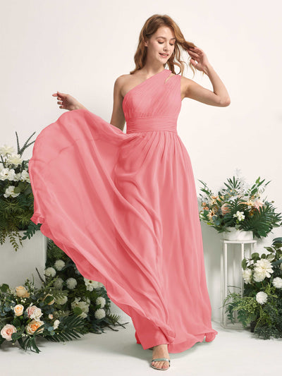 Carlyna A-Linien-Kleid Bodenlang One-Shoulder Chiffon Brautjungfernkleid Korallenrosa #farbe_korallenrosa