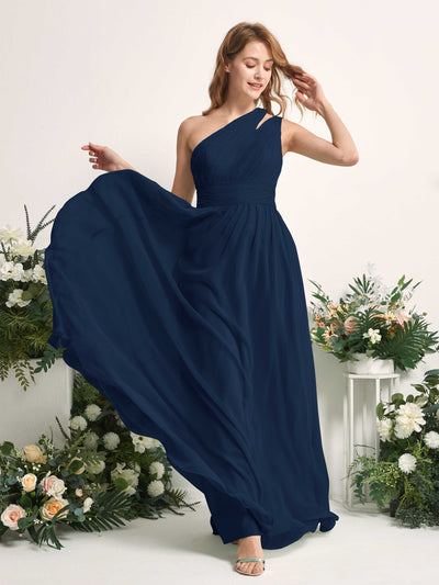 Carlyna A-Linien-Kleid Bodenlang One-Shoulder Chiffon Brautjungfernkleid Marineblau #farbe_marineblau