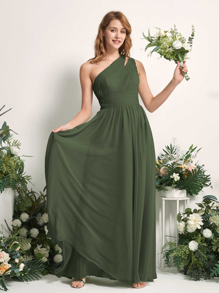 Carlyna A-Linien-Kleid Bodenlang One-Shoulder Chiffon Brautjungfernkleid Martini-Olive 