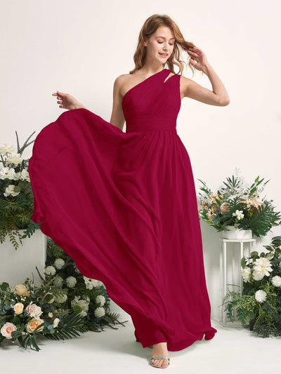 Carlyna A-Linien-Kleid Bodenlang One-Shoulder Chiffon Brautjungfernkleid Narrenrot #farbe_narrenrot