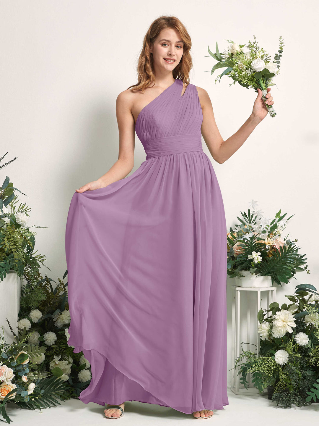 Carlyna A-Linien-Kleid Bodenlang One-Shoulder Chiffon Brautjungfernkleid Orchideen-Nebel 