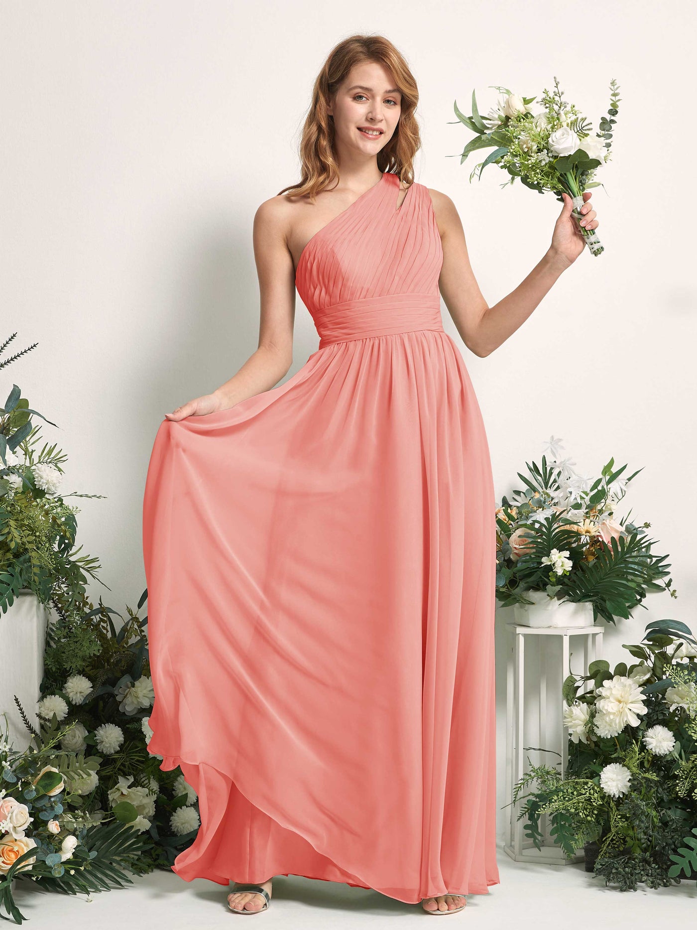 Carlyna A-Linien-Kleid Bodenlang One-Shoulder Chiffon Brautjungfernkleid Pfirsichrosa #farbe_pfirsichrosa