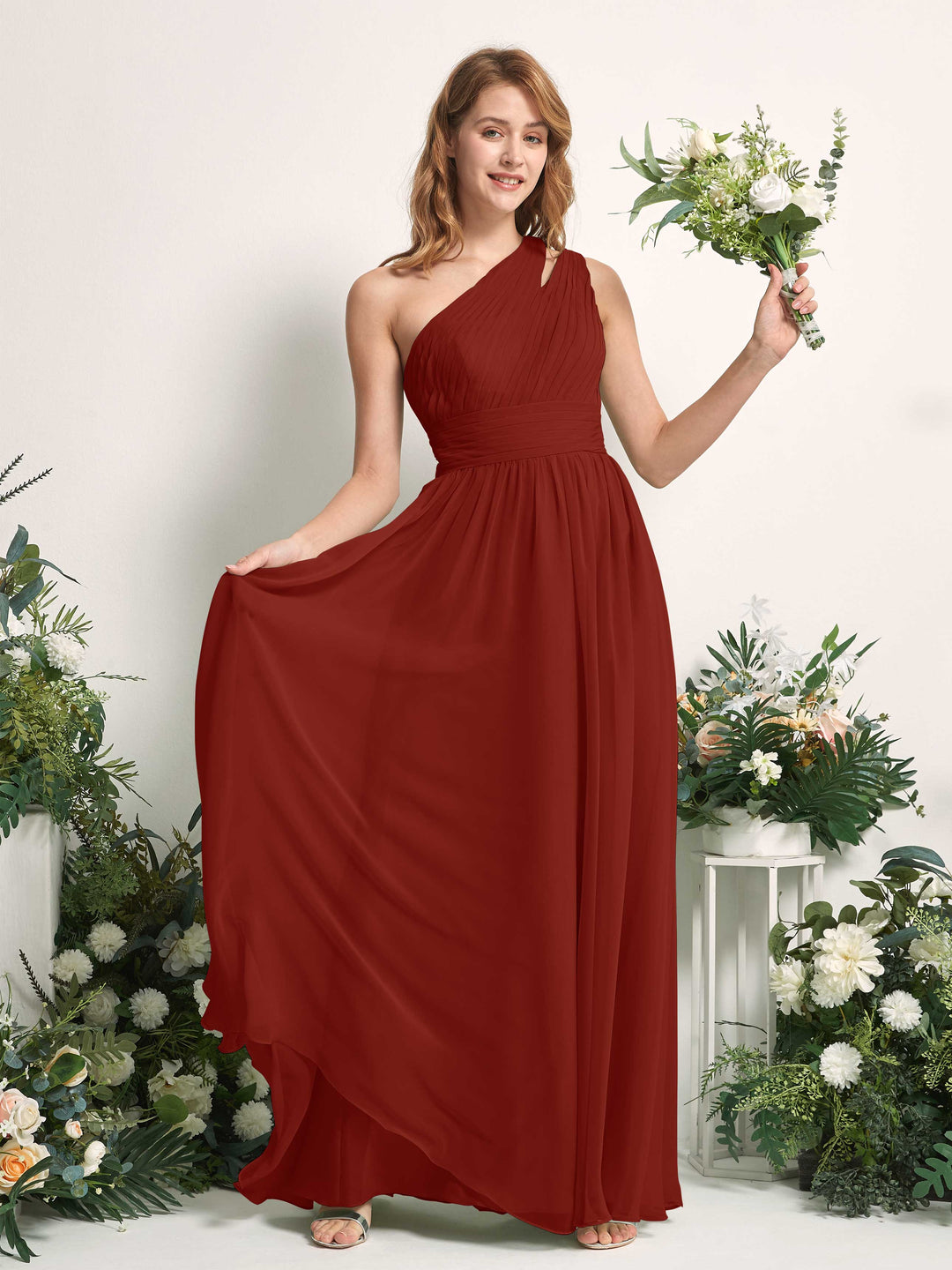 Carlyna A-Linien-Kleid Bodenlang One-Shoulder Chiffon Brautjungfernkleid Rostrot 