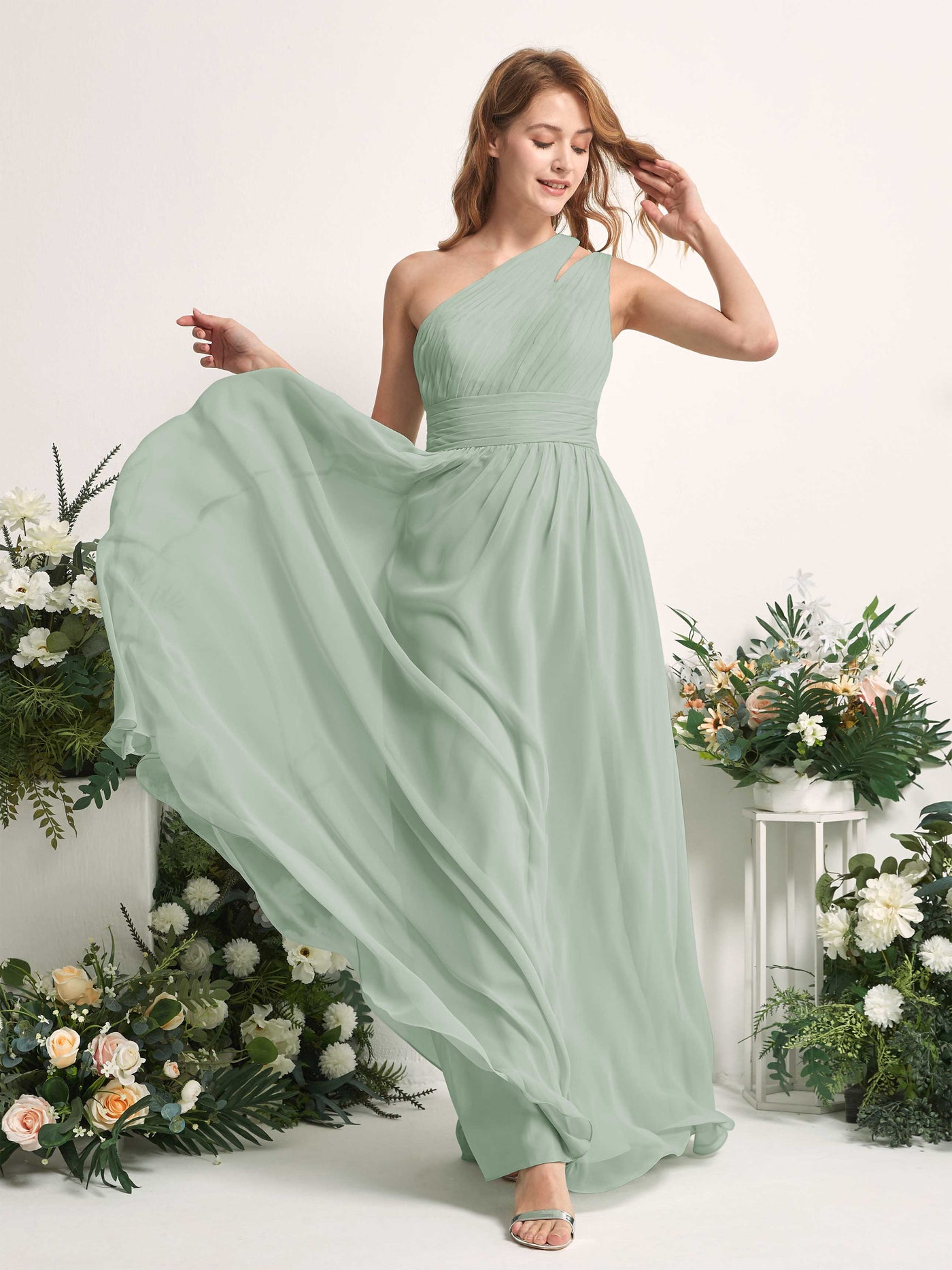 Carlyna A-Linien-Kleid Bodenlang One-Shoulder Chiffon Brautjungfernkleid Salbeigrün #farbe_salbeigr-n