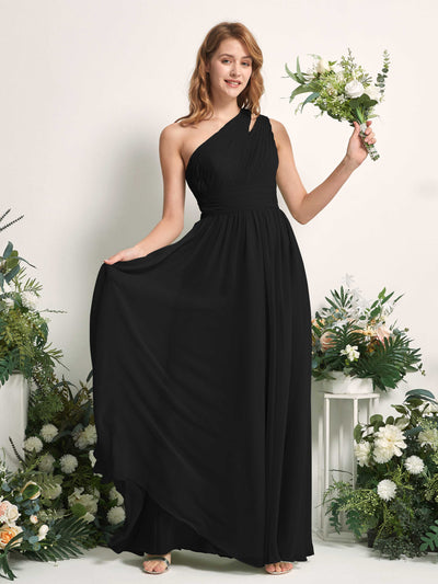 Carlyna A-Linien-Kleid Bodenlang One-Shoulder Chiffon Brautjungfernkleid Schwarz #farbe_schwarz
