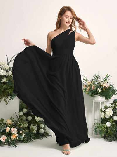 Carlyna A-Linien-Kleid Bodenlang One-Shoulder Chiffon Brautjungfernkleid Schwarz #farbe_schwarz