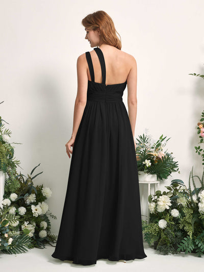 Carlyna A-Linien-Kleid Bodenlang One-Shoulder Chiffon Brautjungfernkleid Schwarz #farbe_schwarz