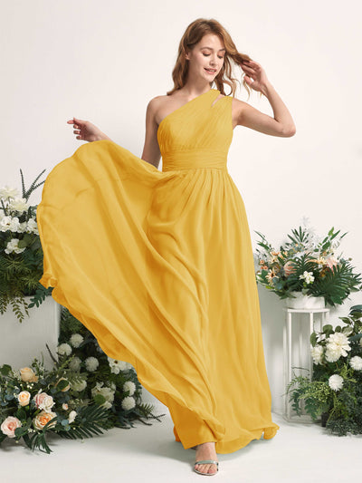 Carlyna A-Linien-Kleid Bodenlang One-Shoulder Chiffon Brautjungfernkleid Senfgelb #farbe_senfgelb