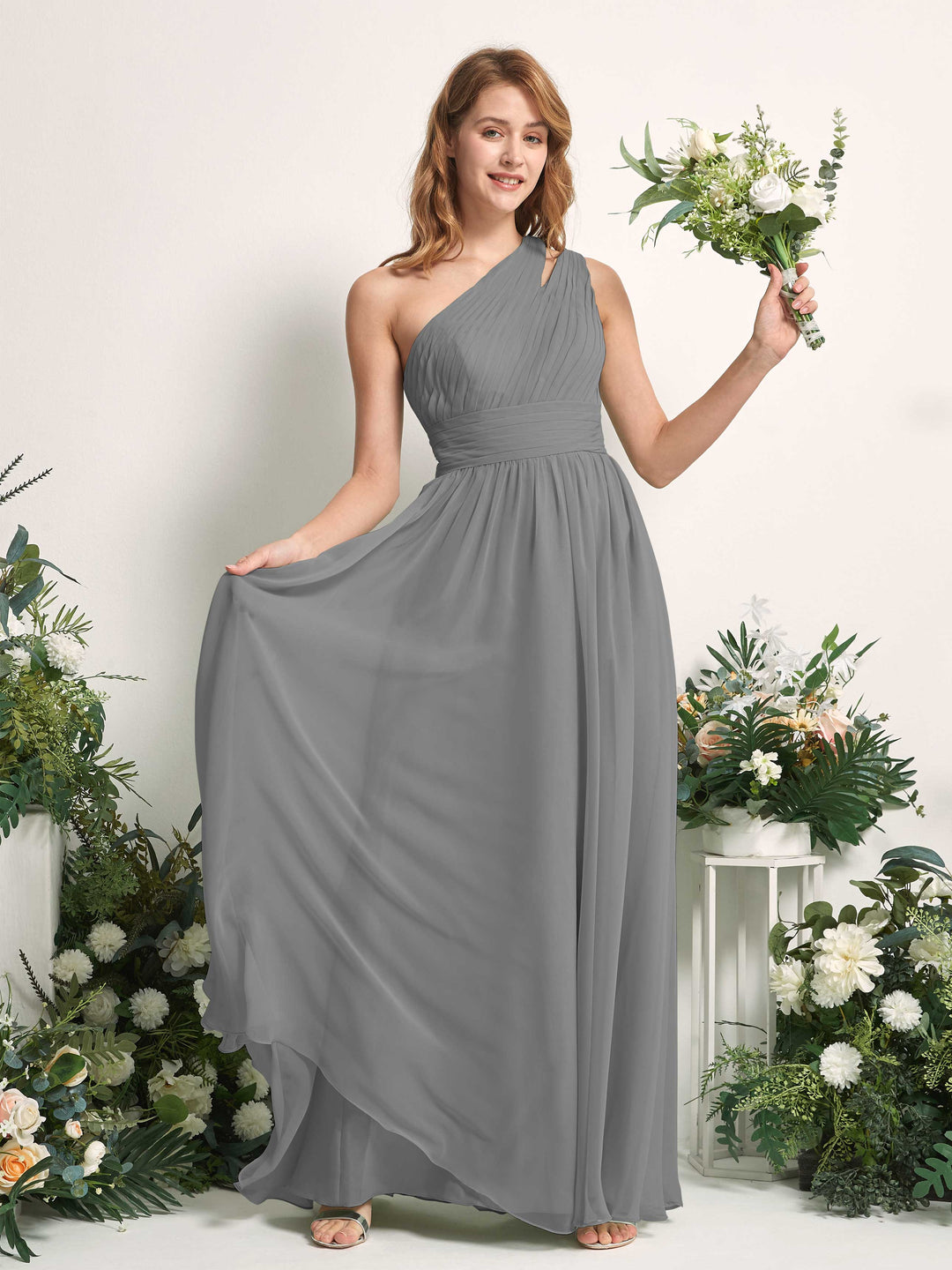 Carlyna A-Linien-Kleid Bodenlang One-Shoulder Chiffon Brautjungfernkleid Stahlgrau 