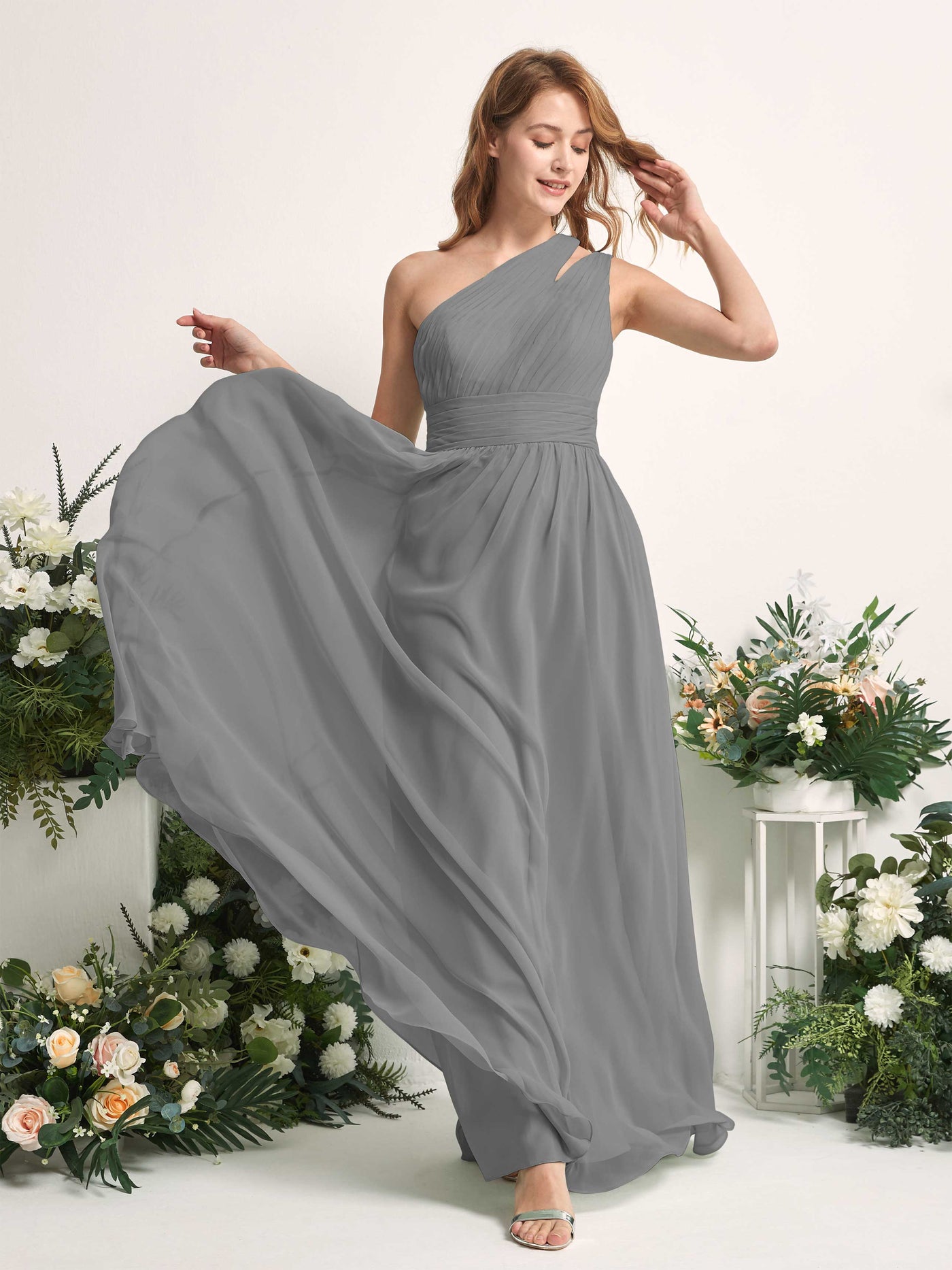 Carlyna A-Linien-Kleid Bodenlang One-Shoulder Chiffon Brautjungfernkleid Stahlgrau #farbe_stahlgrau