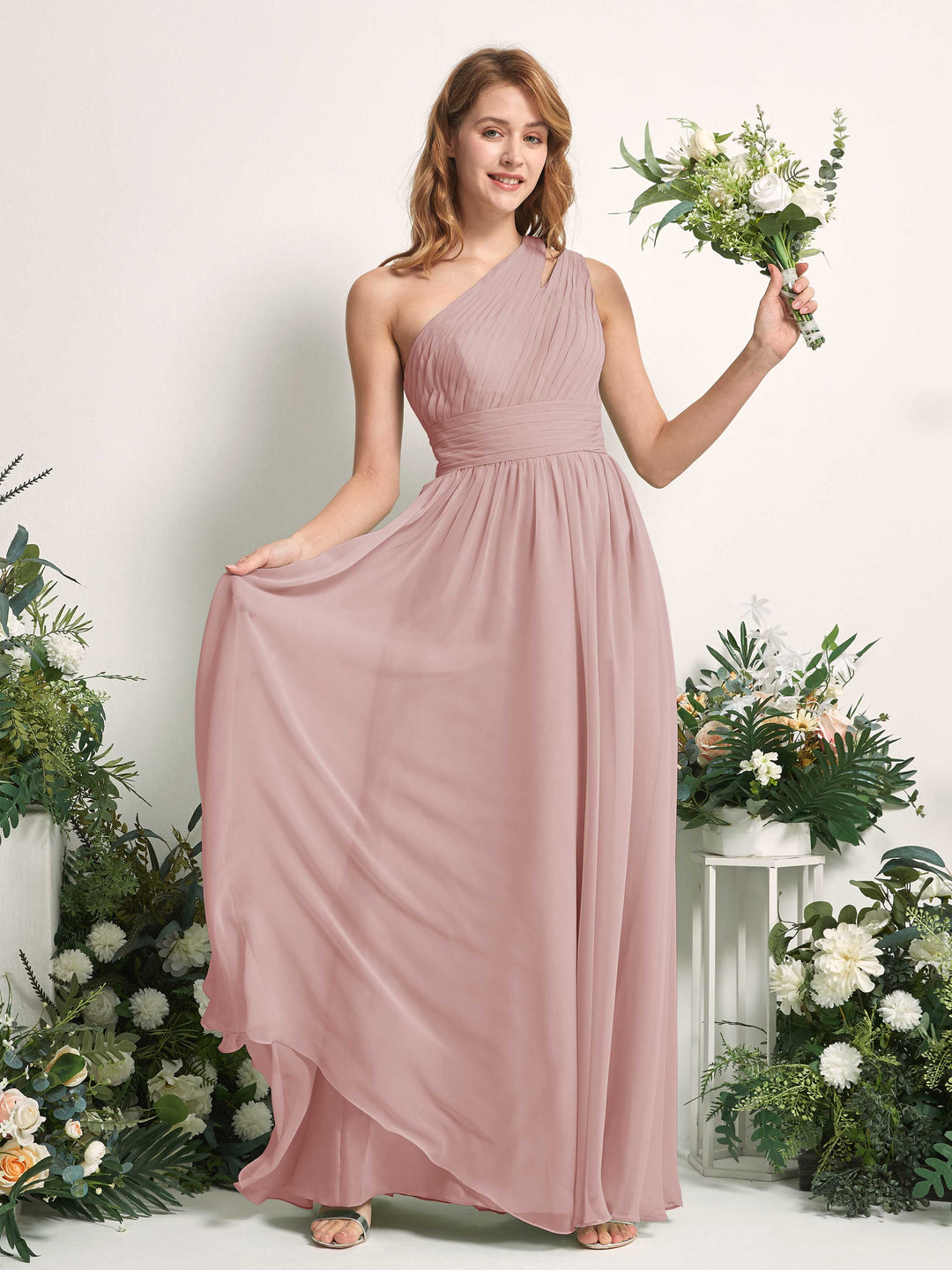 Carlyna A-Linien-Kleid Bodenlang One-Shoulder Chiffon Brautjungfernkleid Staubige Rose 