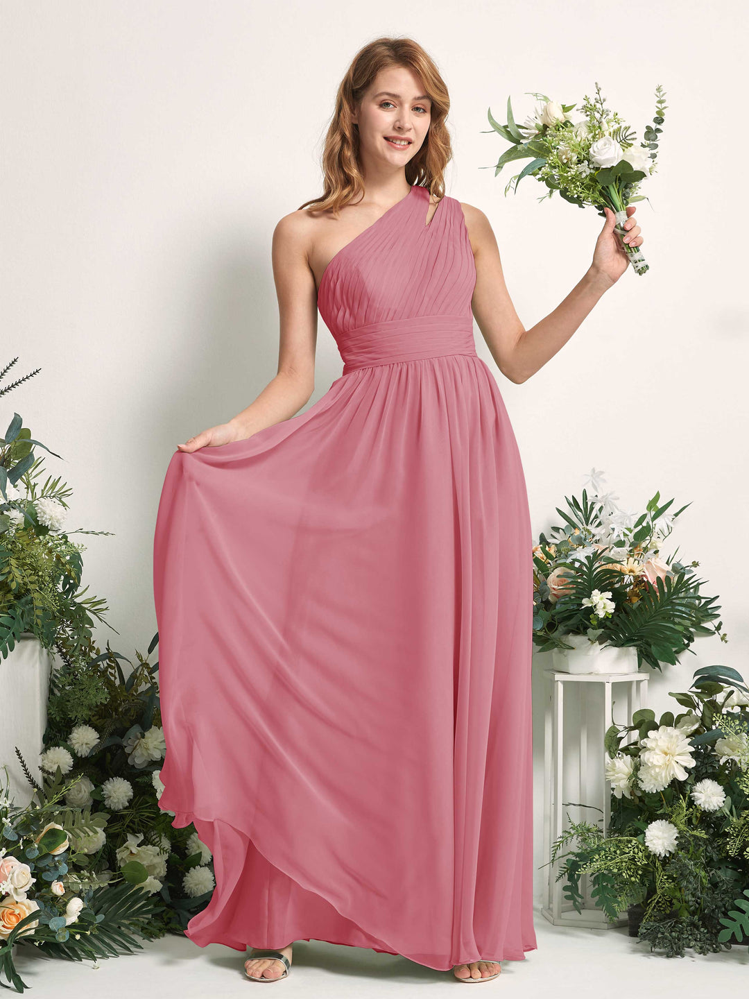 Carlyna A-Linien-Kleid Bodenlang One-Shoulder Chiffon Brautjungfernkleid Wüstenrose 