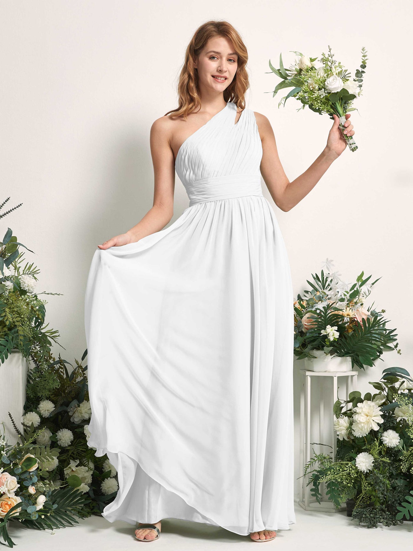 Carlyna A-Linien-Kleid Bodenlang One-Shoulder Chiffon Brautjungfernkleid Weiß #farbe_wei