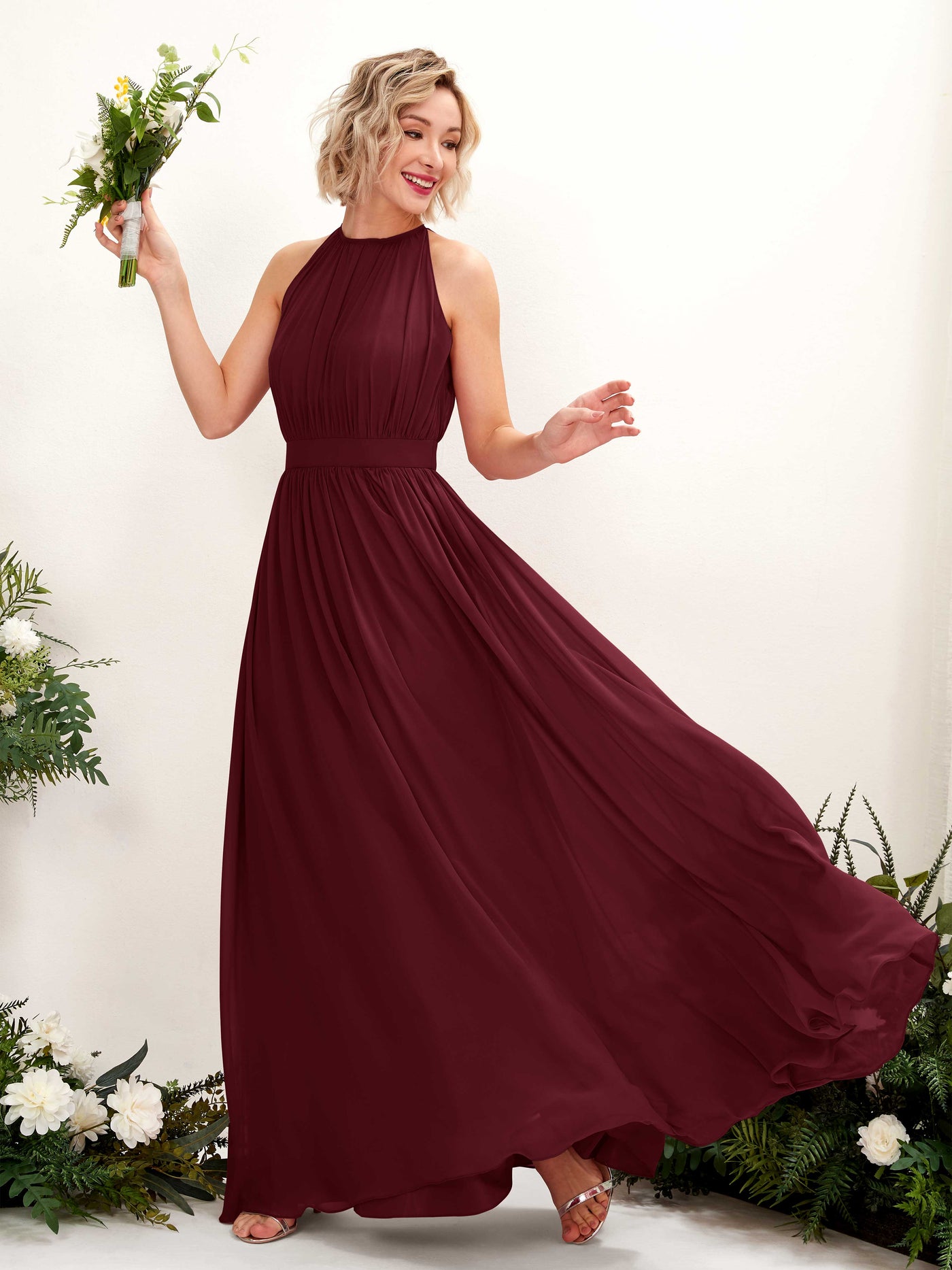 Carlyna A-Linien-Kleid Bodenlang Rundhals Chiffon Brautjungfernkleider Burgunderrot #farbe_burgunderrot
