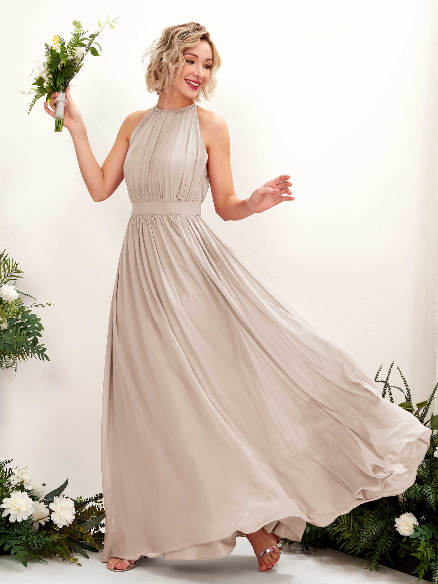 Carlyna A-Linien-Kleid Bodenlang Rundhals Chiffon Brautjungfernkleider Champagner #farbe_champagner