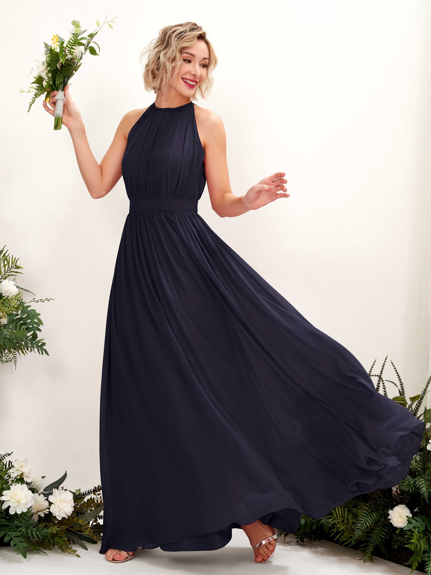 Carlyna A-Linien-Kleid Bodenlang Rundhals Chiffon Brautjungfernkleider Dunkel Marineblau #farbe_dunkel-marineblau