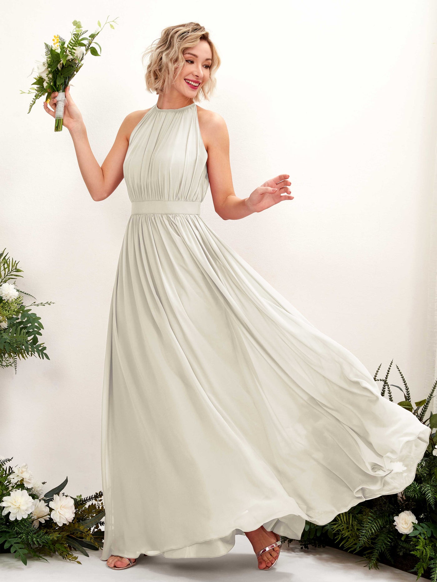 Carlyna A-Linien-Kleid Bodenlang Rundhals Chiffon Brautjungfernkleider Elfenbein #farbe_elfenbein