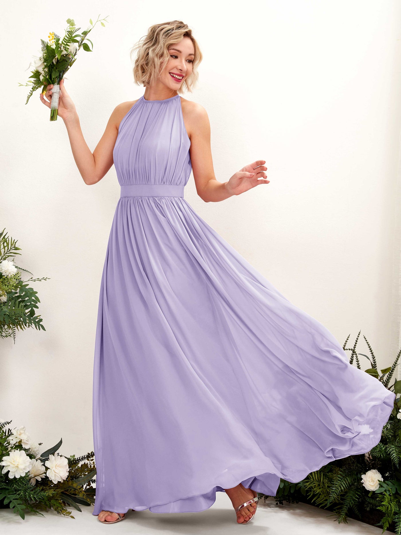 Carlyna A-Linien-Kleid Bodenlang Rundhals Chiffon Brautjungfernkleider Flieder #farbe_flieder