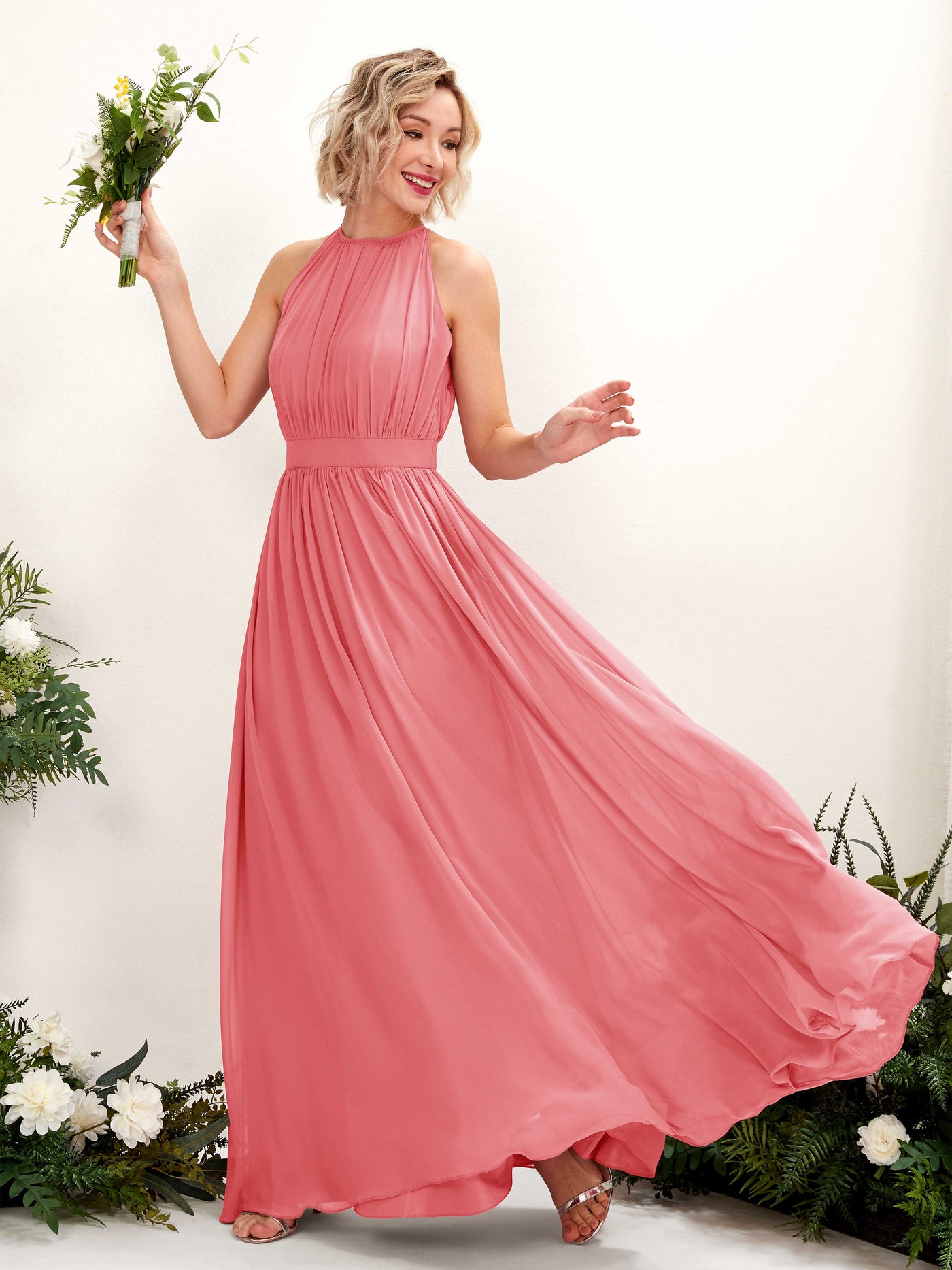 Carlyna A-Linien-Kleid Bodenlang Rundhals Chiffon Brautjungfernkleider Korallenrosa #farbe_korallenrosa