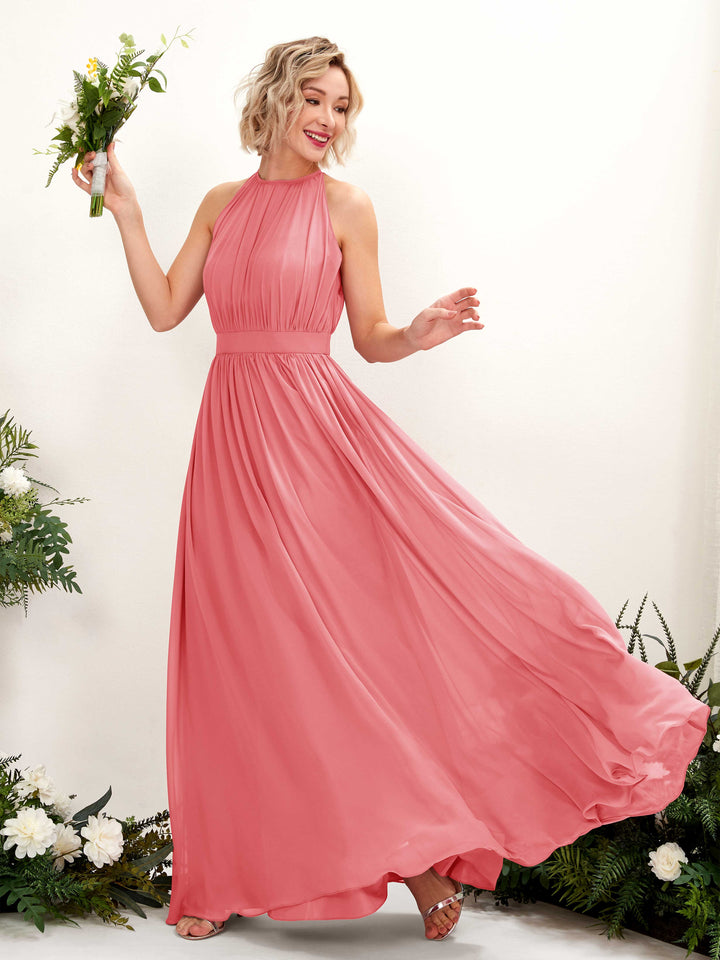 Carlyna A-Linien-Kleid Bodenlang Rundhals Chiffon Brautjungfernkleider Korallenrosa 