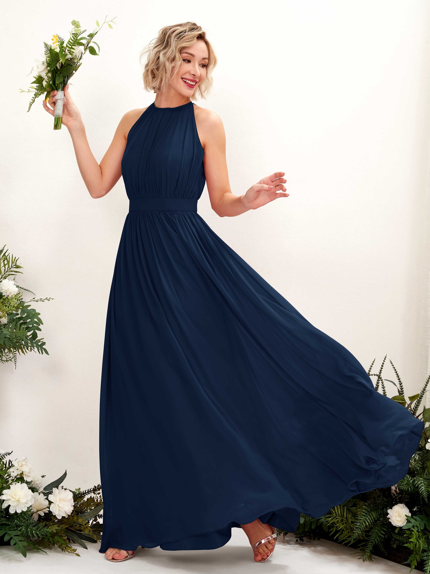 Carlyna A-Linien-Kleid Bodenlang Rundhals Chiffon Brautjungfernkleider Marineblau #farbe_marineblau
