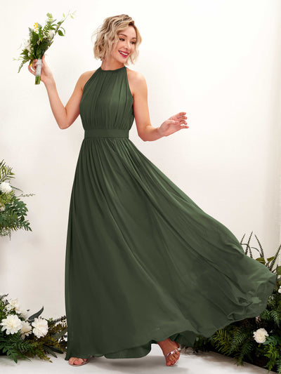 Carlyna A-Linien-Kleid Bodenlang Rundhals Chiffon Brautjungfernkleider Martini-Olive #farbe_martini-olive