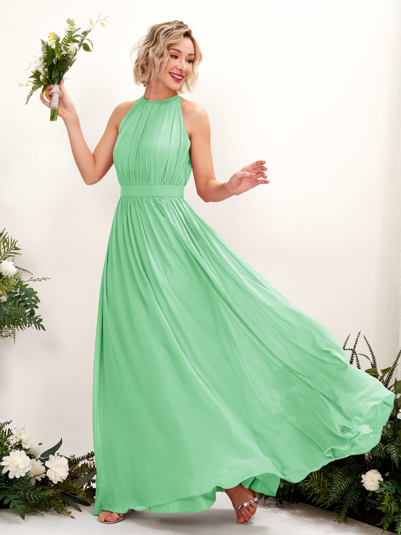 Carlyna A-Linien-Kleid Bodenlang Rundhals Chiffon Brautjungfernkleider Minzgrün #farbe_minzgr-n