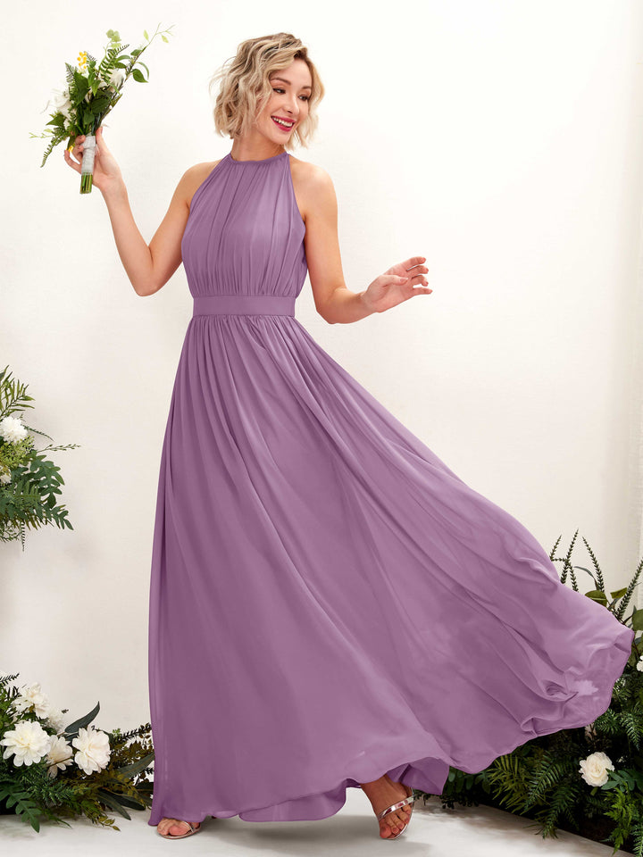 Carlyna A-Linien-Kleid Bodenlang Rundhals Chiffon Brautjungfernkleider Orchideen-Nebel 