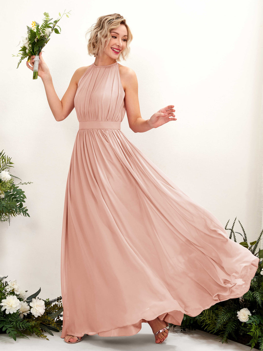 Carlyna A-Linien-Kleid Bodenlang Rundhals Chiffon Brautjungfernkleider Perlrosa 