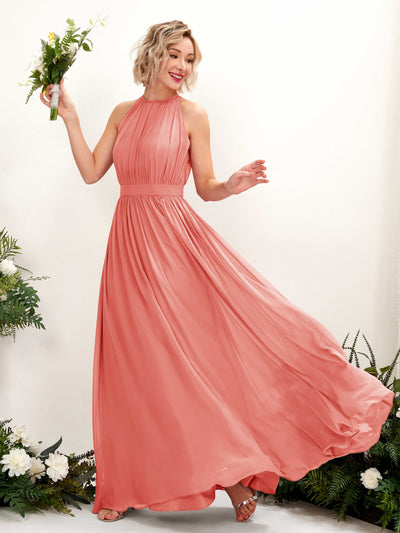 Carlyna A-Linien-Kleid Bodenlang Rundhals Chiffon Brautjungfernkleider Pfirsichrosa #farbe_pfirsichrosa