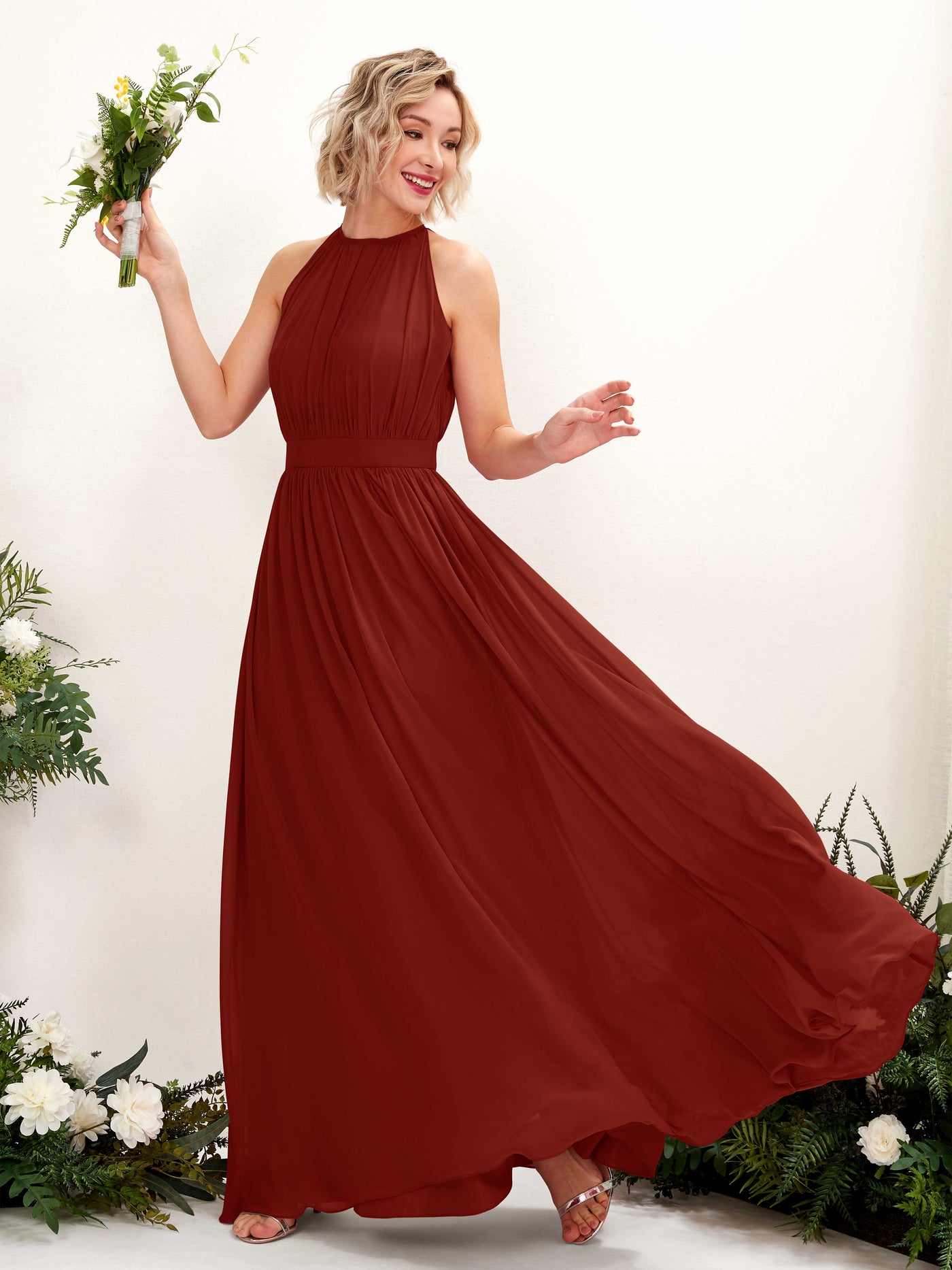 Carlyna A-Linien-Kleid Bodenlang Rundhals Chiffon Brautjungfernkleider Rostrot #farbe_rostrot