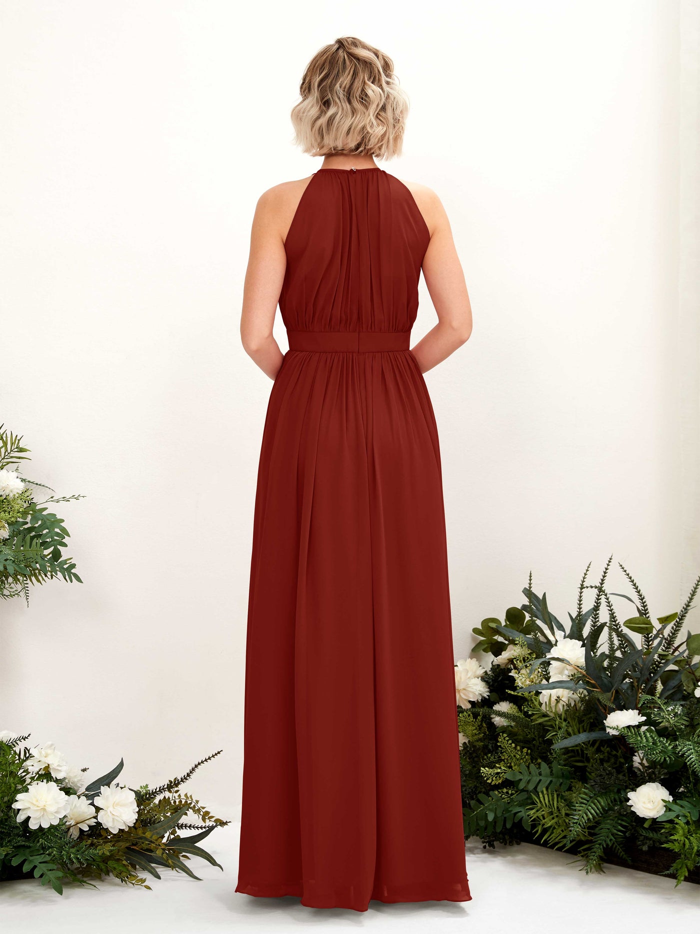 Carlyna A-Linien-Kleid Bodenlang Rundhals Chiffon Brautjungfernkleider Rostrot #farbe_rostrot