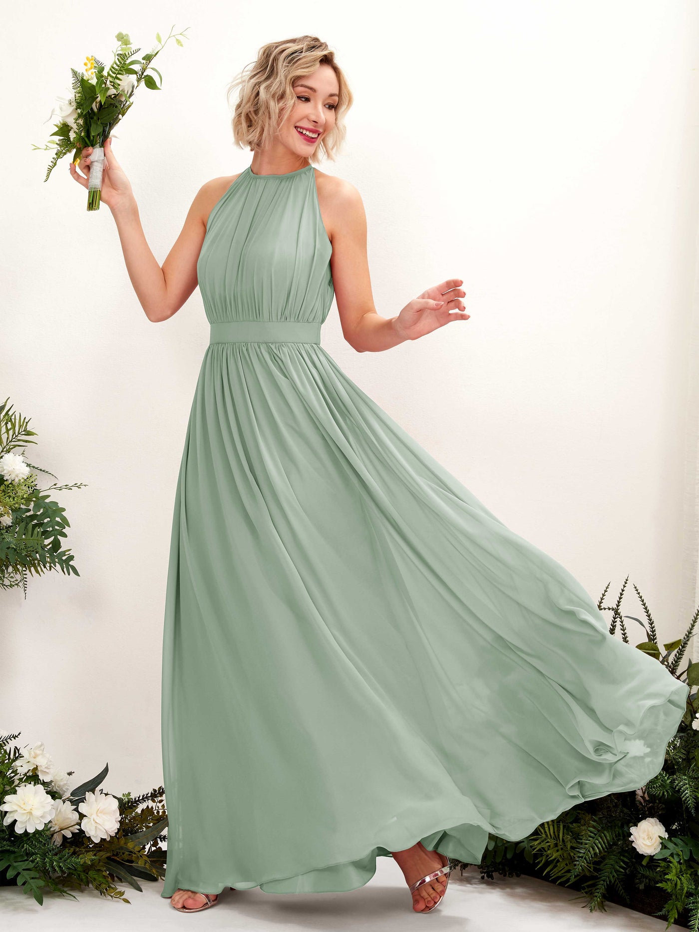 Carlyna A-Linien-Kleid Bodenlang Rundhals Chiffon Brautjungfernkleider Salbeigrün #farbe_salbeigr-n