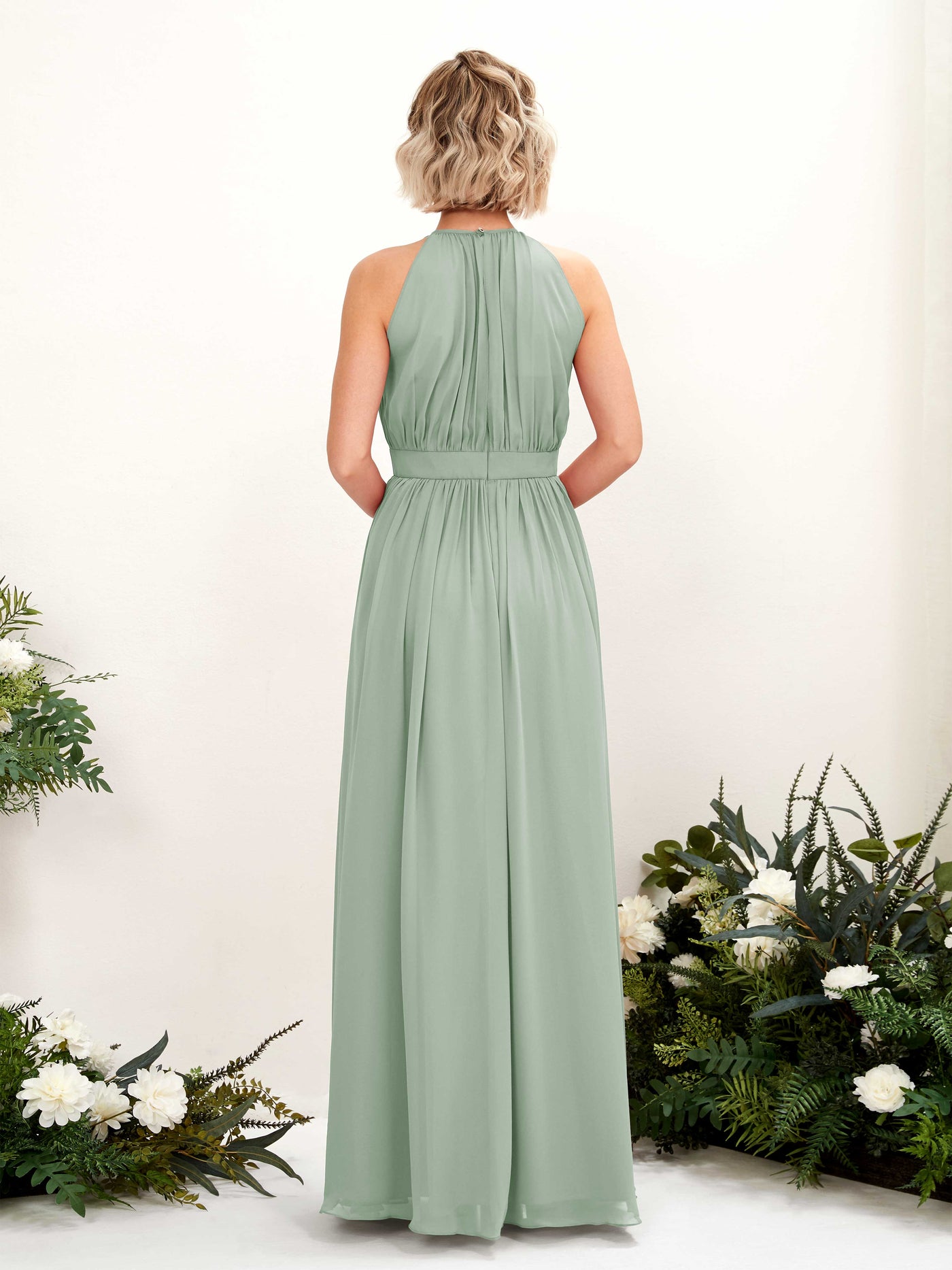 Carlyna A-Linien-Kleid Bodenlang Rundhals Chiffon Brautjungfernkleider Salbeigrün #farbe_salbeigr-n