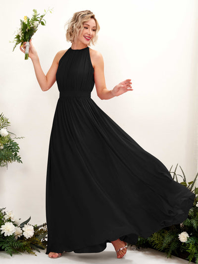 Carlyna A-Linien-Kleid Bodenlang Rundhals Chiffon Brautjungfernkleider Schwarz #farbe_schwarz