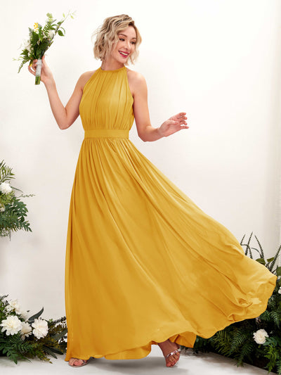 Carlyna A-Linien-Kleid Bodenlang Rundhals Chiffon Brautjungfernkleider Senfgelb #farbe_senfgelb