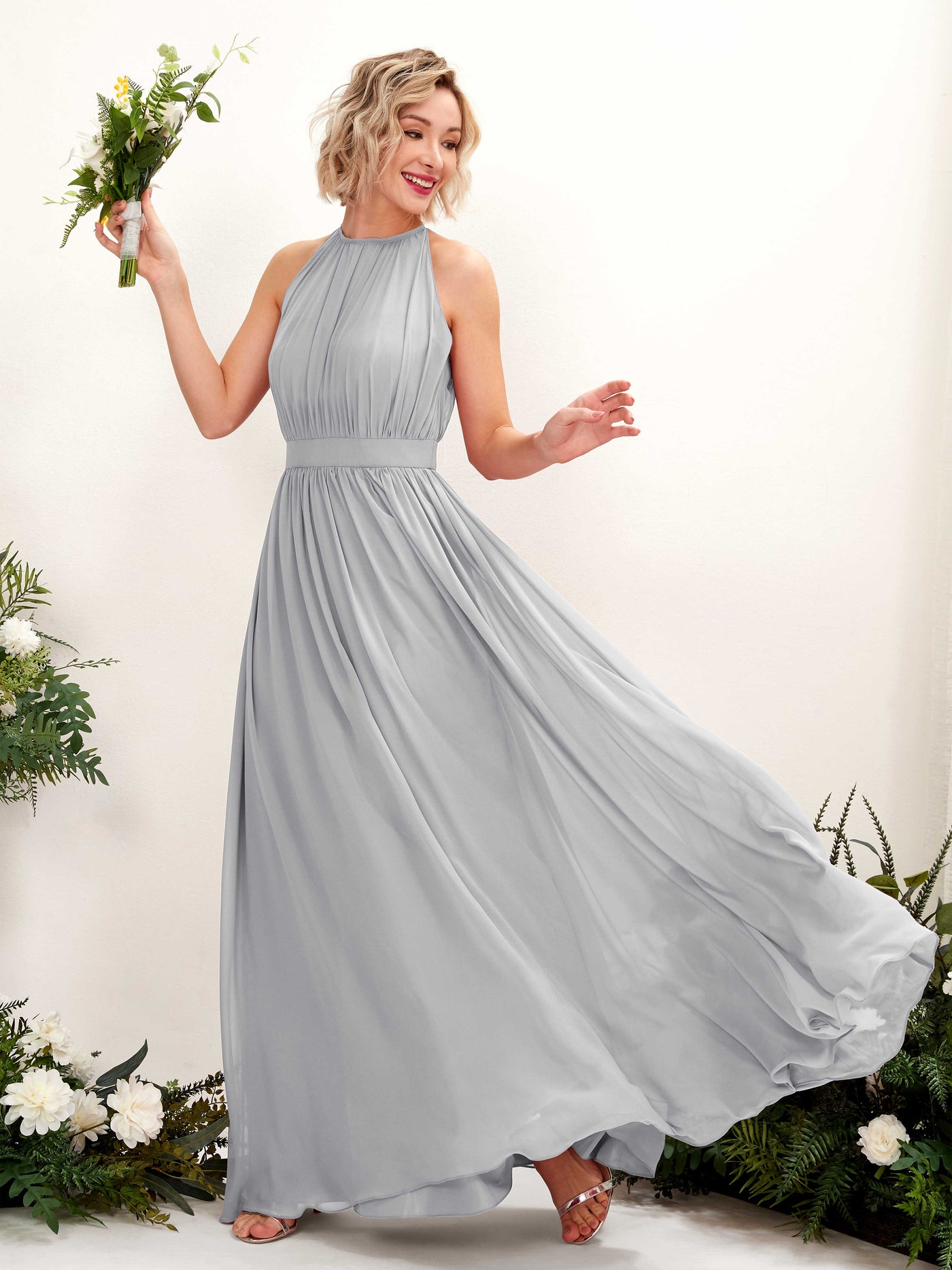 Carlyna A-Linien-Kleid Bodenlang Rundhals Chiffon Brautjungfernkleider Silber #farbe_silber