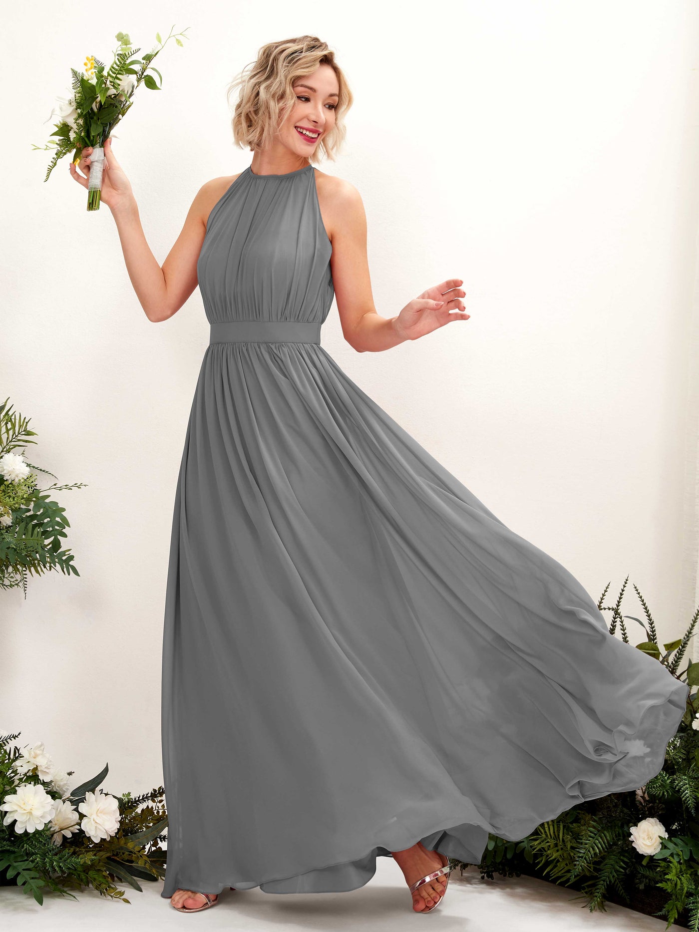 Carlyna A-Linien-Kleid Bodenlang Rundhals Chiffon Brautjungfernkleider Stahlgrau #farbe_stahlgrau