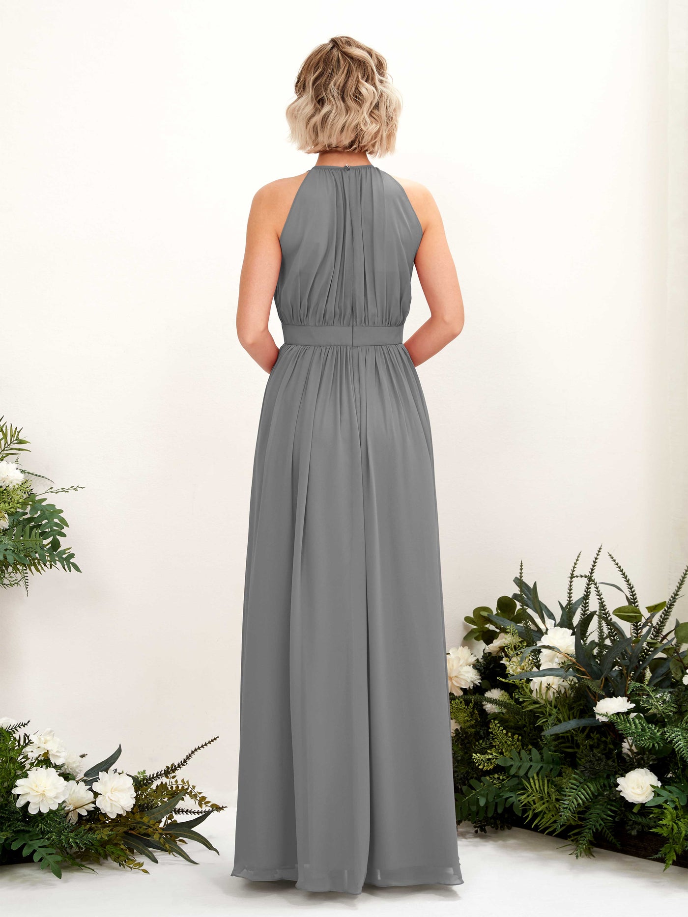 Carlyna A-Linien-Kleid Bodenlang Rundhals Chiffon Brautjungfernkleider Stahlgrau #farbe_stahlgrau