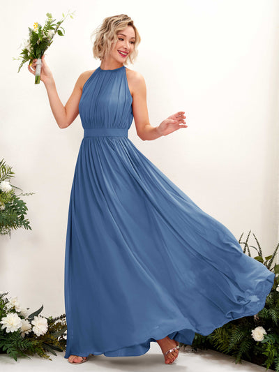 Carlyna A-Linien-Kleid Bodenlang Rundhals Chiffon Brautjungfernkleider Staubiges Blau #farbe_staubiges-blau