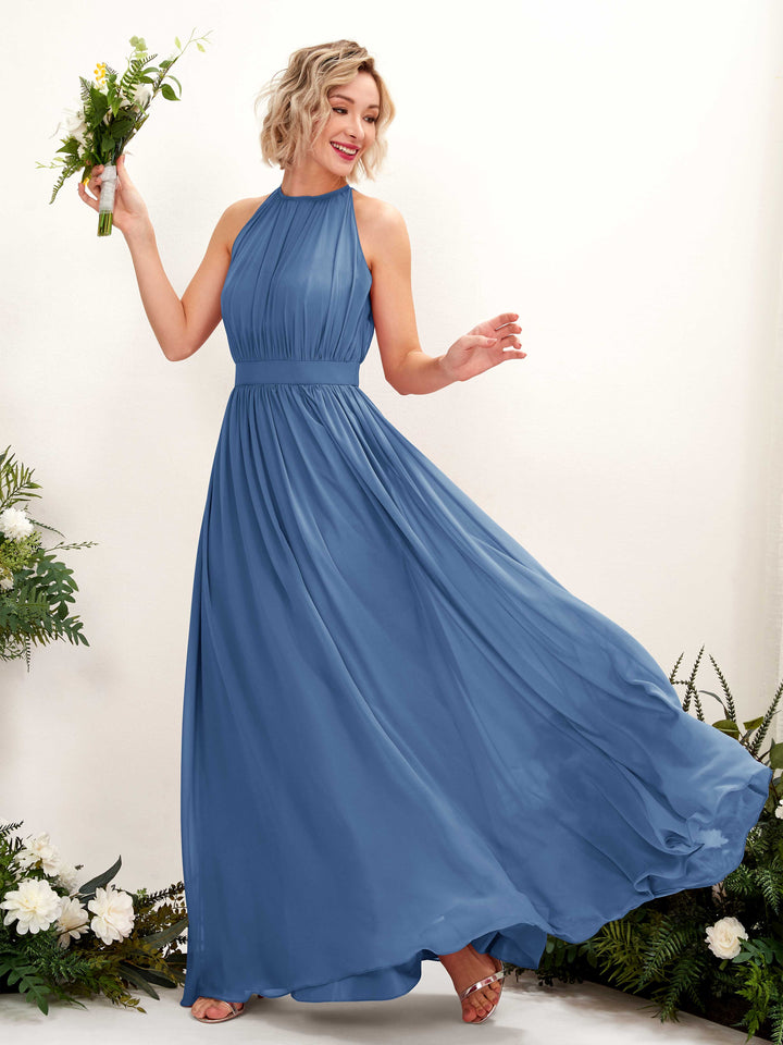 Carlyna A-Linien-Kleid Bodenlang Rundhals Chiffon Brautjungfernkleider Staubiges Blau 